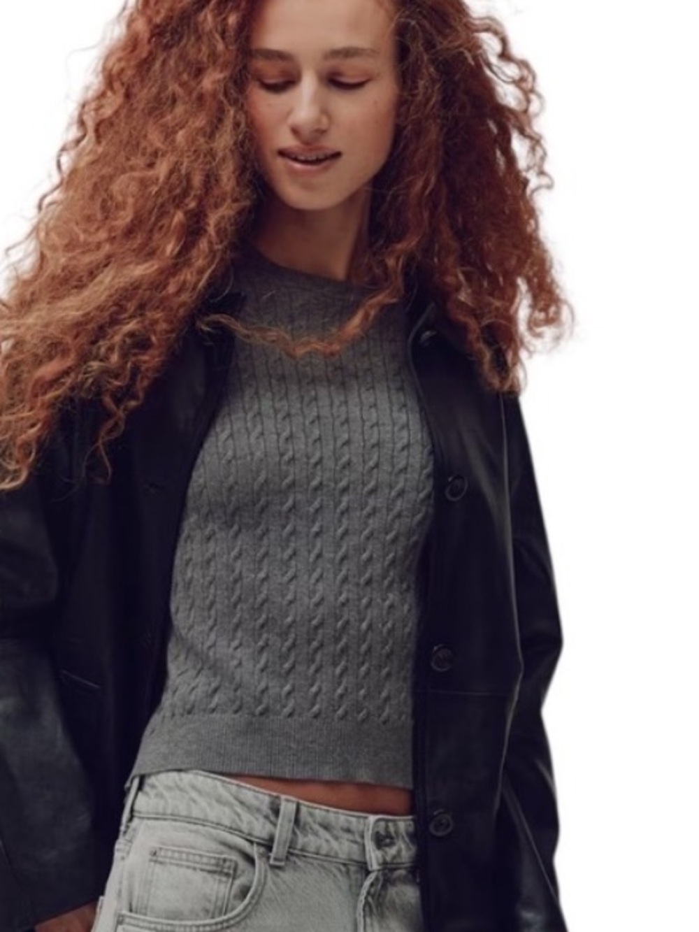 Akira Black Label Cable Knit Sweater Grey Cropped Long Sleeve Crew Neck